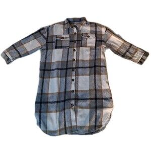 Boutique Womens Long Plaid Flannel Shacket Size XL Brown Gray Black White Fall